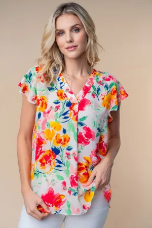 Full Size Short Sleeve Floral Woven Top