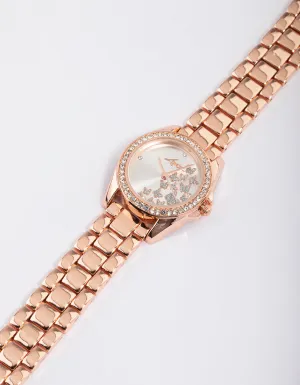 Rose Gold Coloured Butterfly Diamante Link Watch