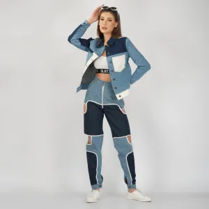 SLAY. Women's Blue & White Colorblock Denim Jacket & Jeans Co-ord Set